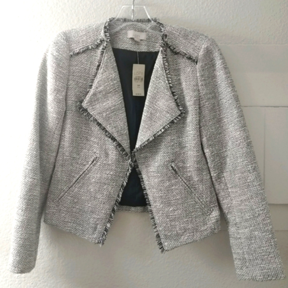 NWT Ann Taylor LOFT Black & White Tweed Blazer with Fringe Details Size 00P